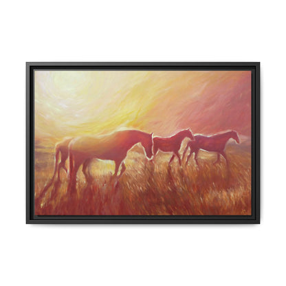 Sunset Meadow Horses Matte Canvas Framed Wall Art