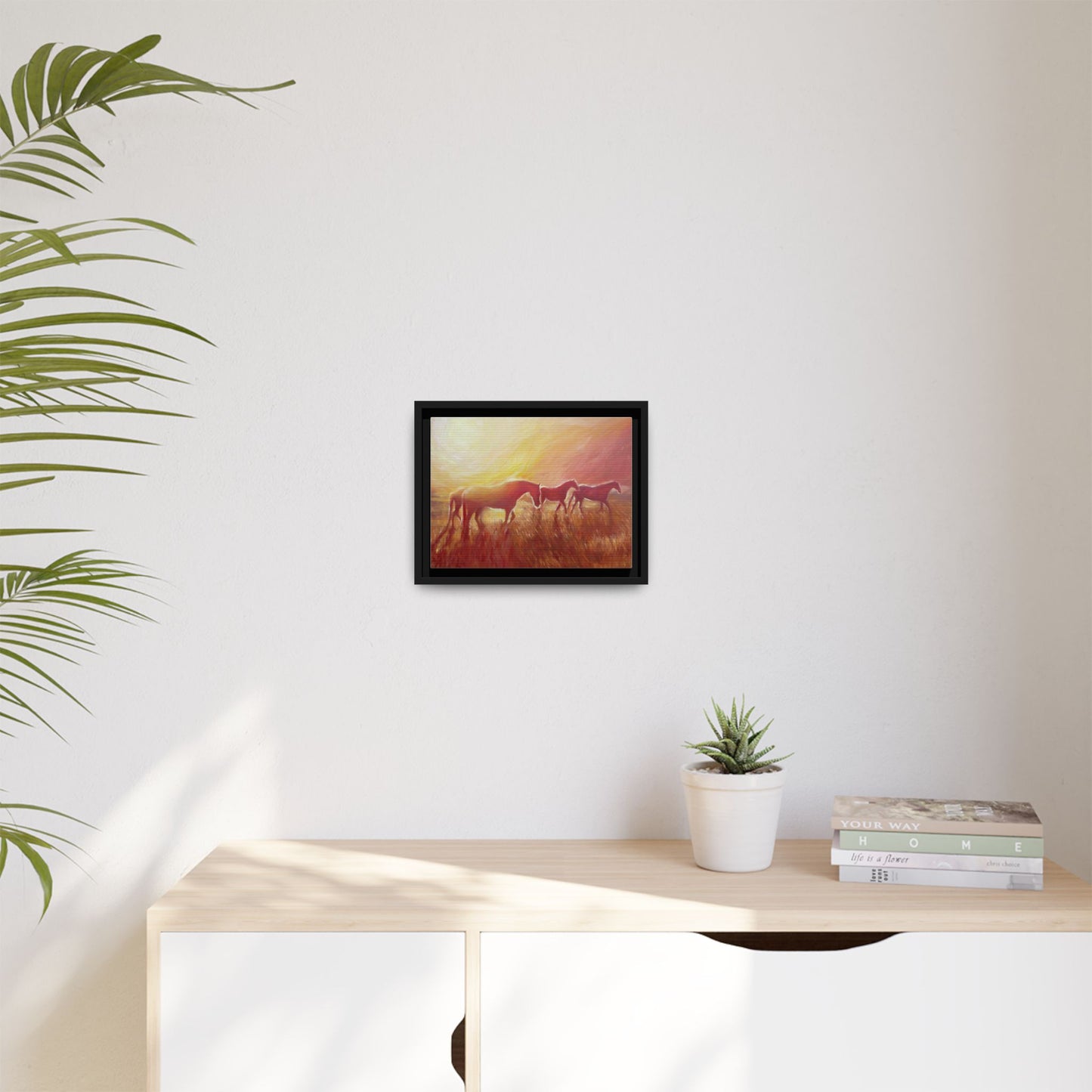 Sunset Meadow Horses Matte Canvas Framed Wall Art