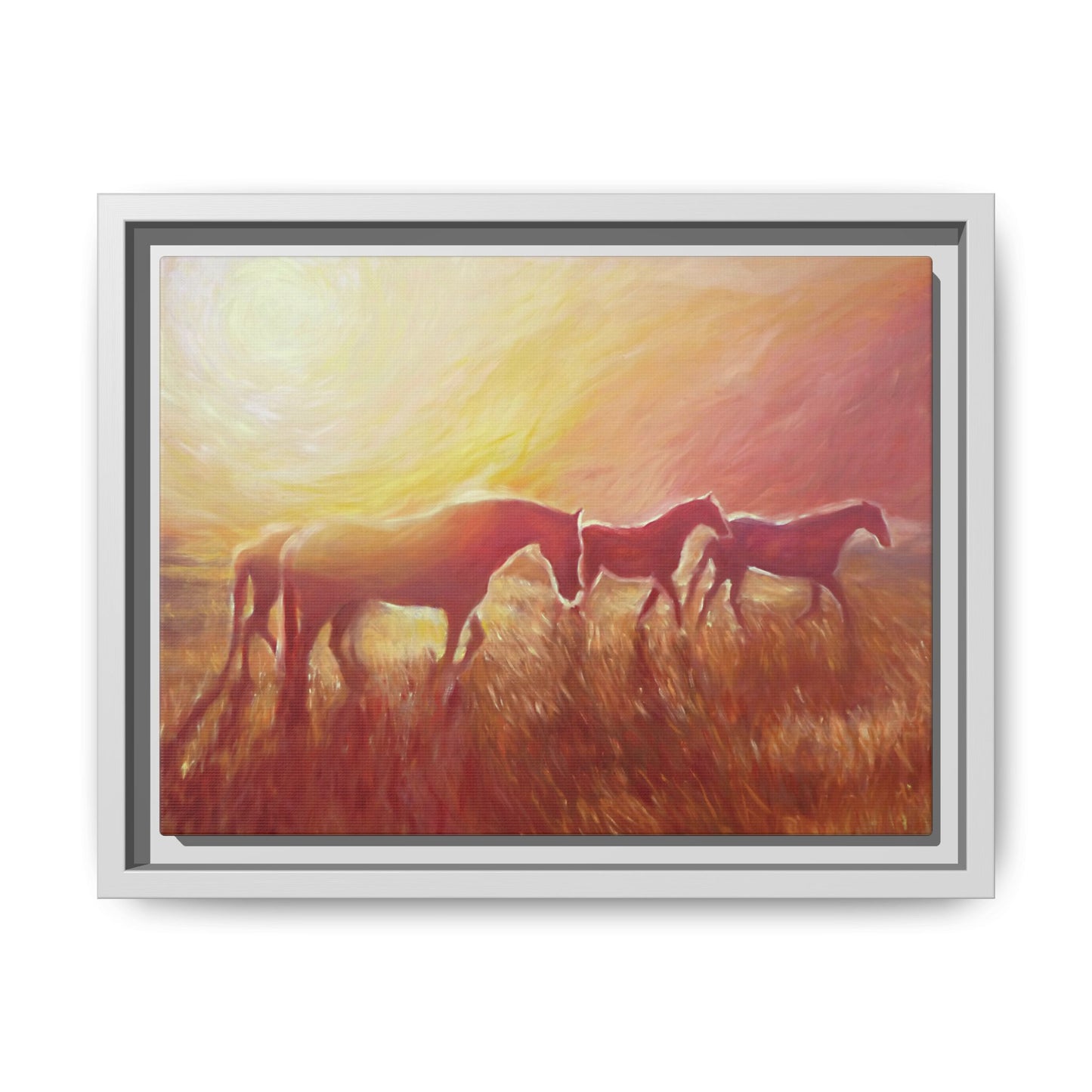 Sunset Meadow Horses Matte Canvas Framed Wall Art