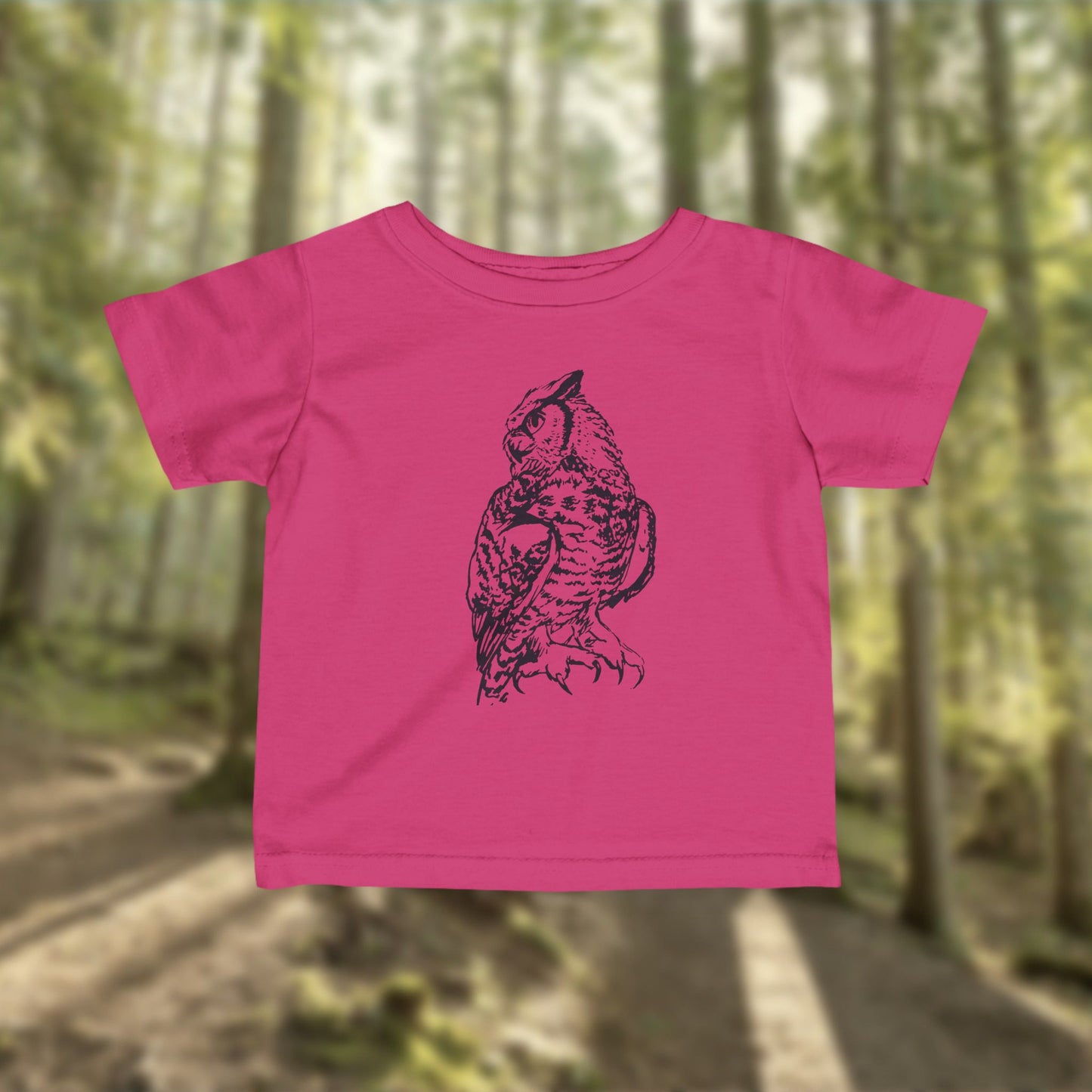Hand-Drawn Owl Infant Tee | Girls Woodland Cotton Tee in Hot Pink, Mauve, Lavender, Red or White