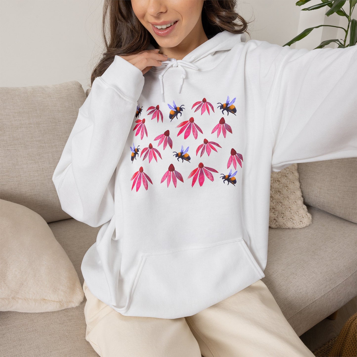 Pink Coneflower and Bees Hoodie | Floral Nature Pattern