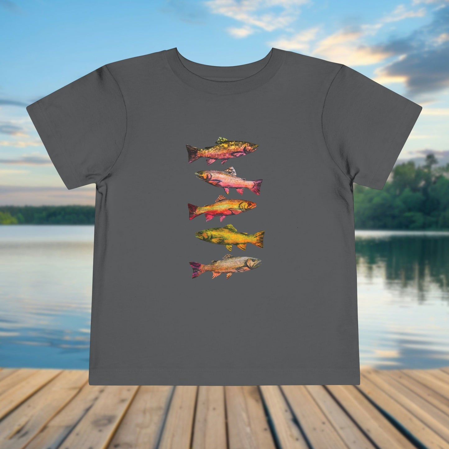 Colorful Trout Toddler Short Sleeve Tee | Fishing Theme Cotton Shirt Personalized