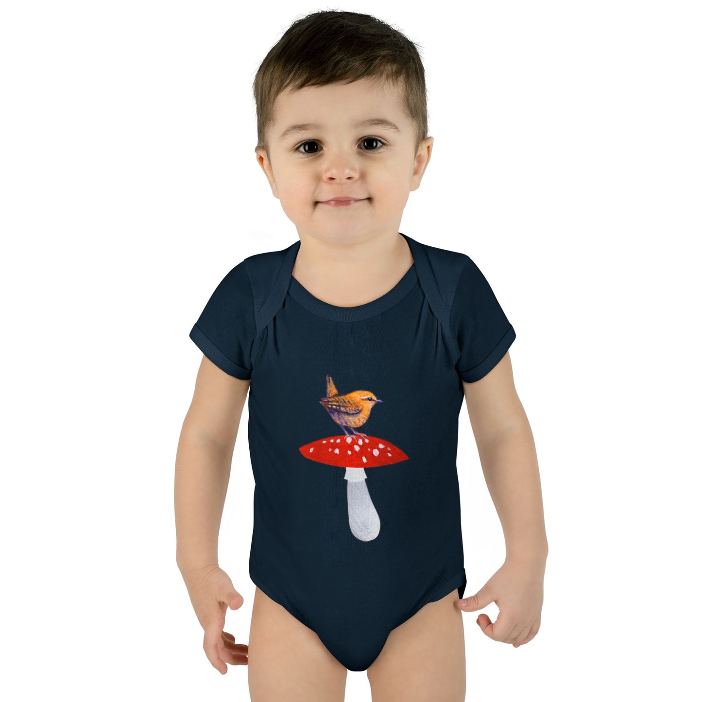 Bird on Red Toadstool Infant Bodysuit | Woodland Mushroom Baby