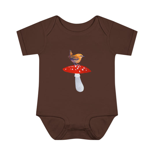 Bird on Red Toadstool Infant Bodysuit | Woodland Mushroom Baby
