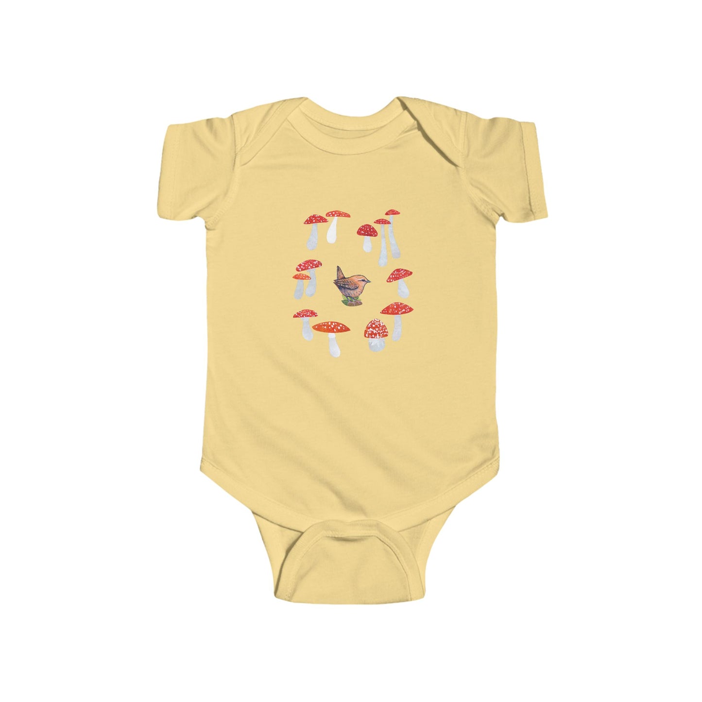 Wren in Fairy Toadstool Circle Infant Bodysuit | Woodland Bird Baby Onesie