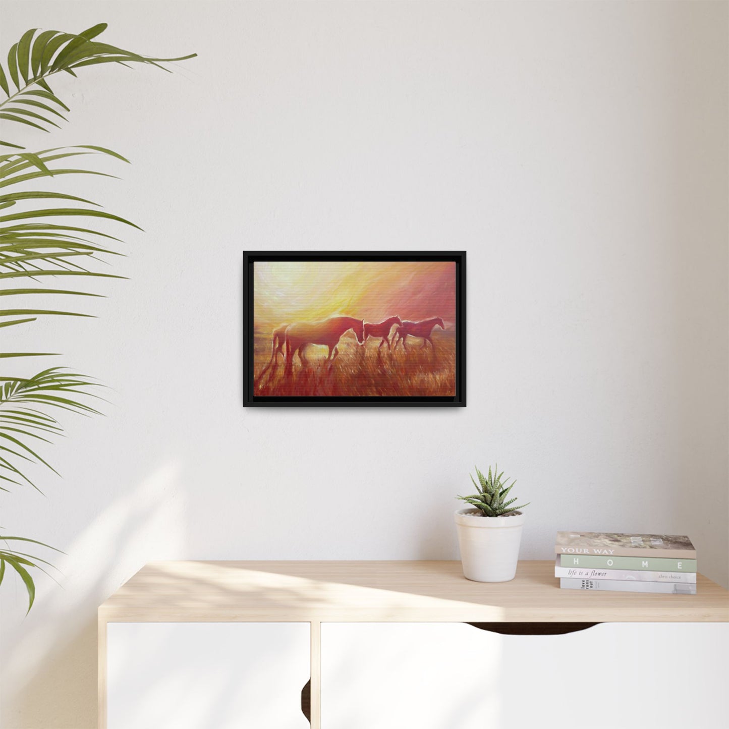 Sunset Meadow Horses Matte Canvas Framed Wall Art