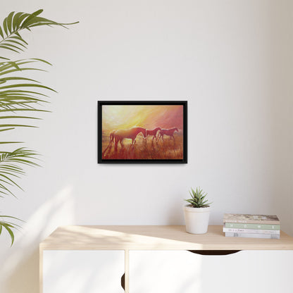 Sunset Meadow Horses Matte Canvas Framed Wall Art