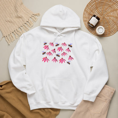 Pink Coneflower and Bees Hoodie | Floral Nature Pattern