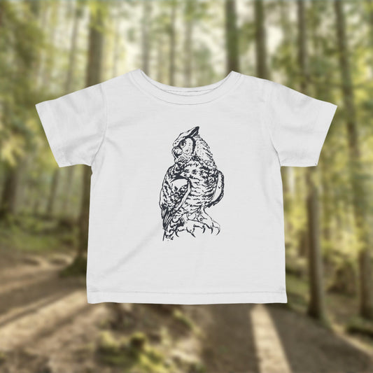 Hand-Drawn Owl Infant Tee | Girls Woodland Cotton Tee in Hot Pink, Mauve, Lavender, Red or White