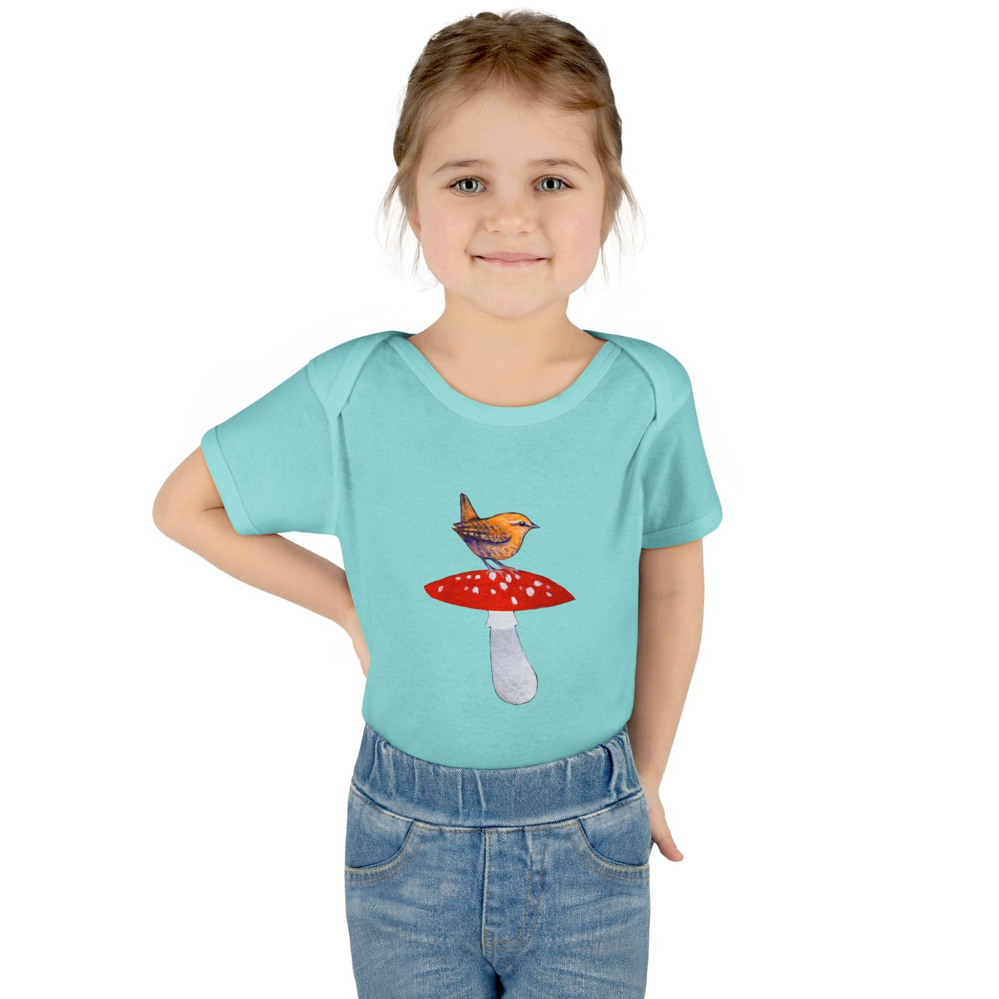 Bird on Red Toadstool Infant Bodysuit | Woodland Mushroom Baby