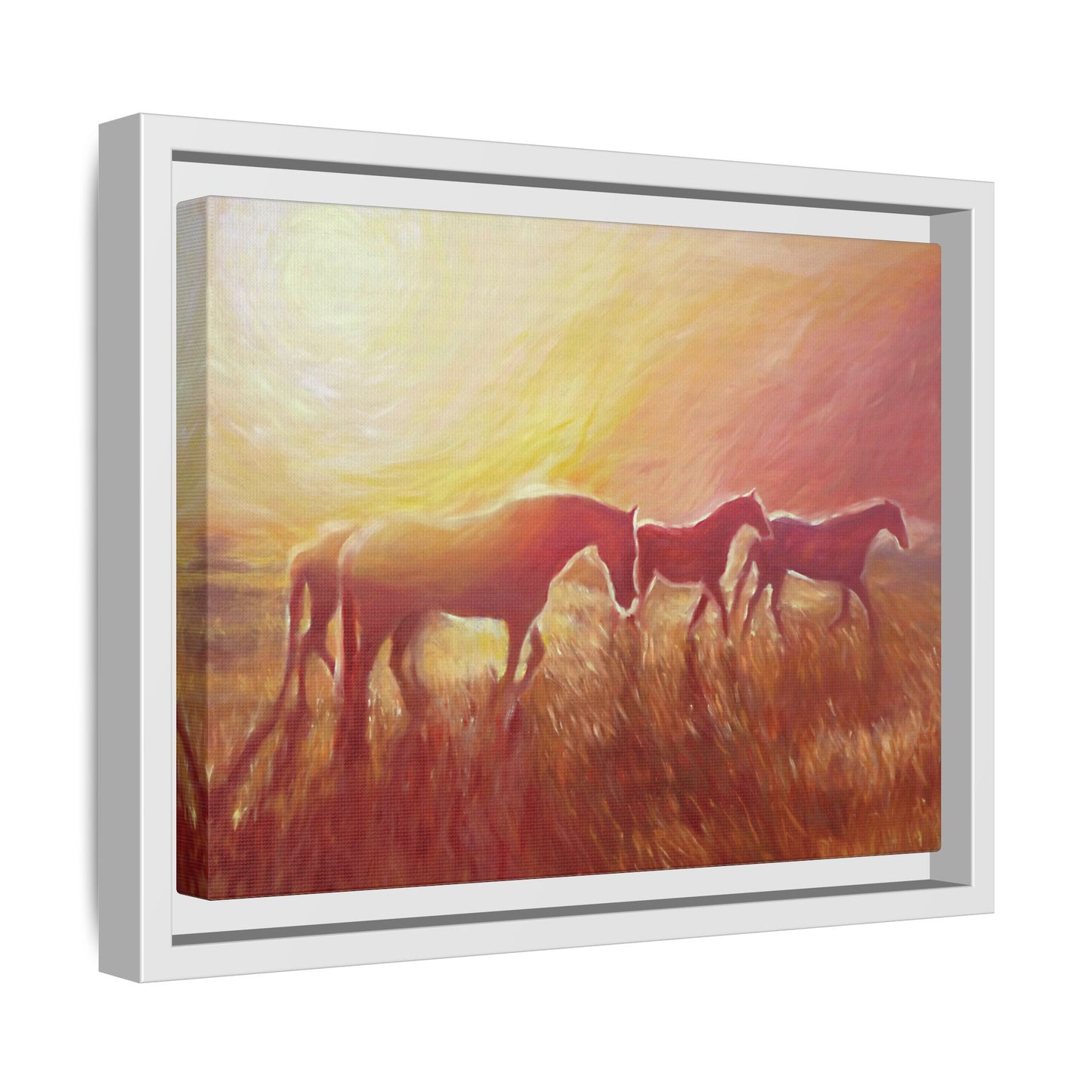 Sunset Meadow Horses Matte Canvas Framed Wall Art