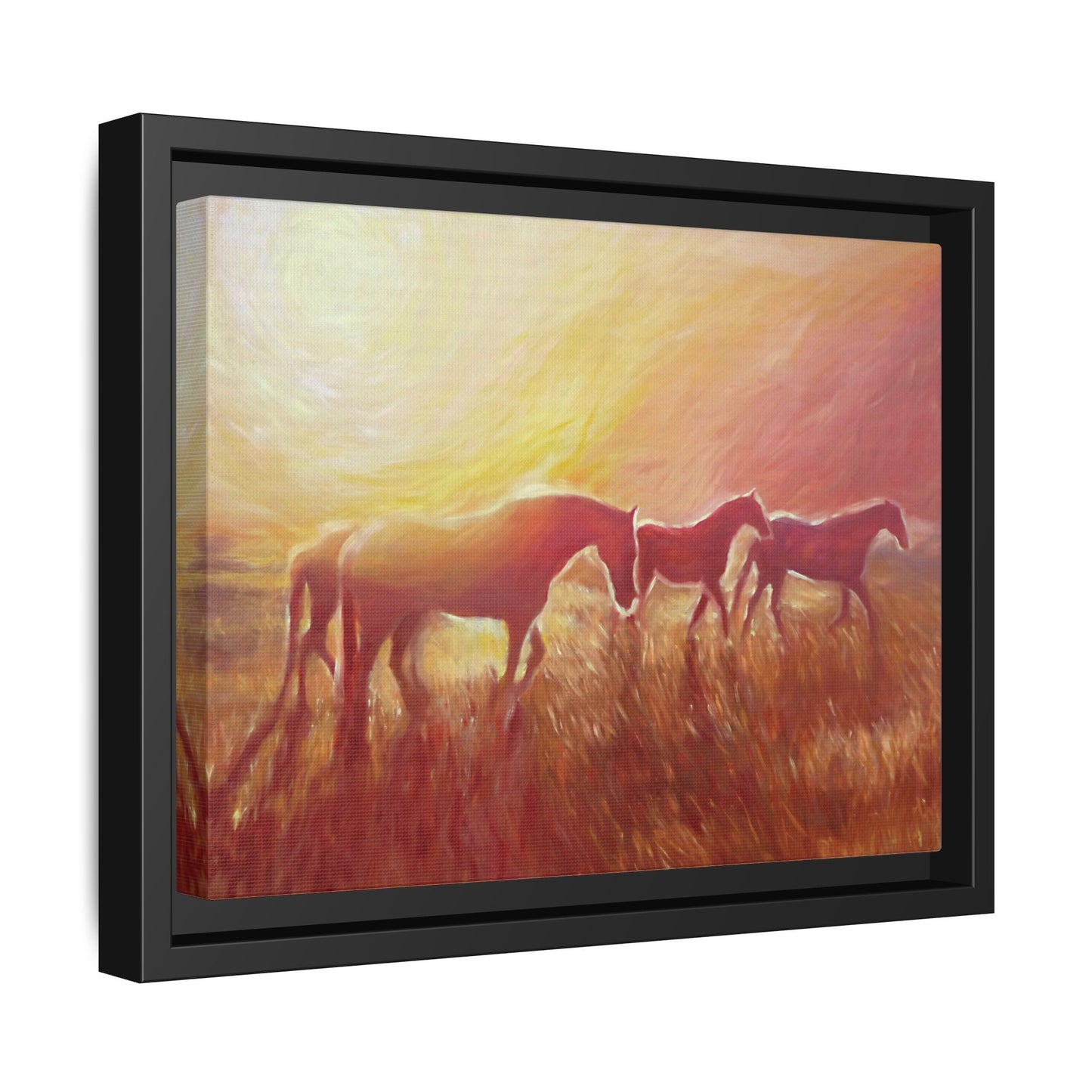 Sunset Meadow Horses Matte Canvas Framed Wall Art