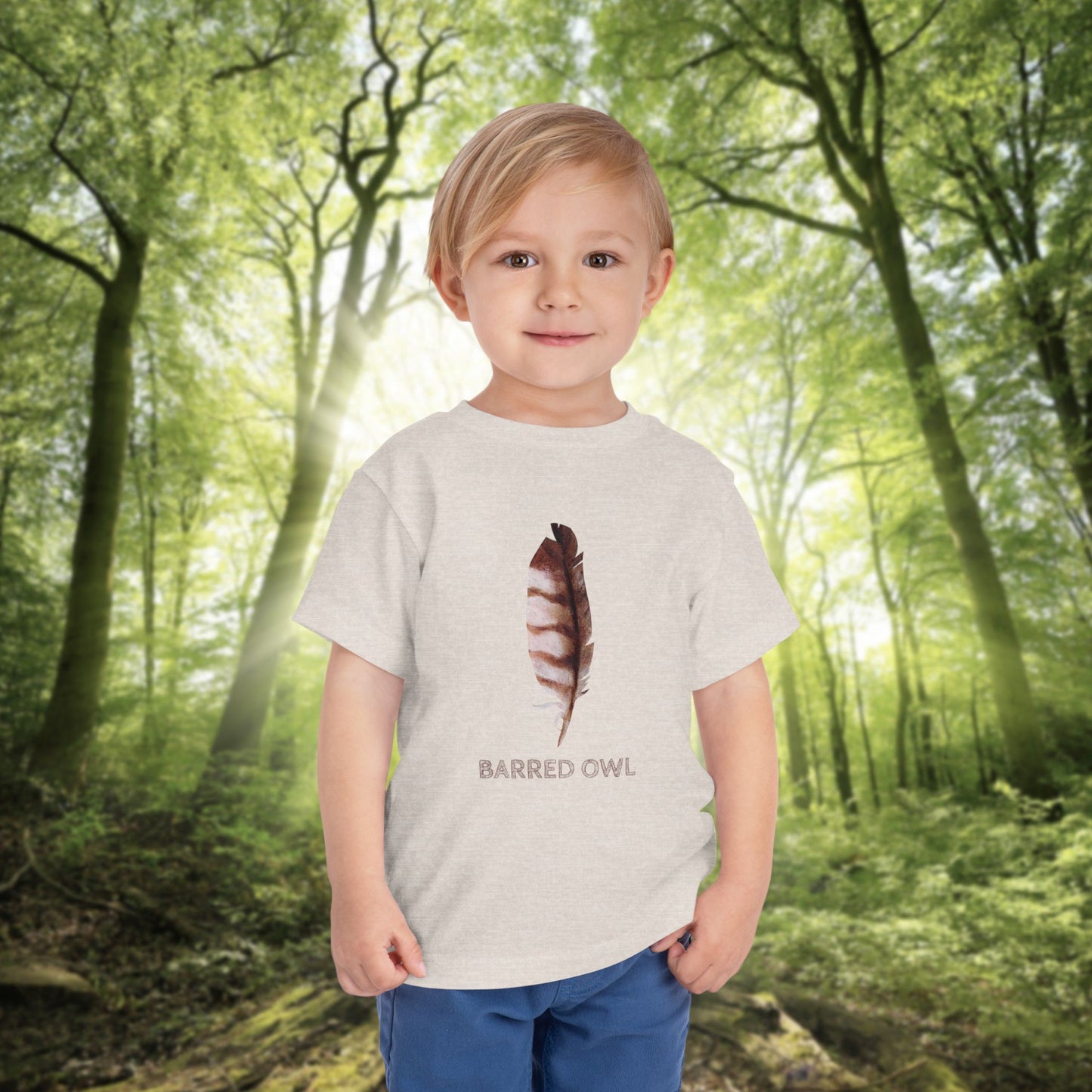 Toddler Tee with Owl Feather Design, Personalizable Text, Unisex Cotton Woodland T-Shirt