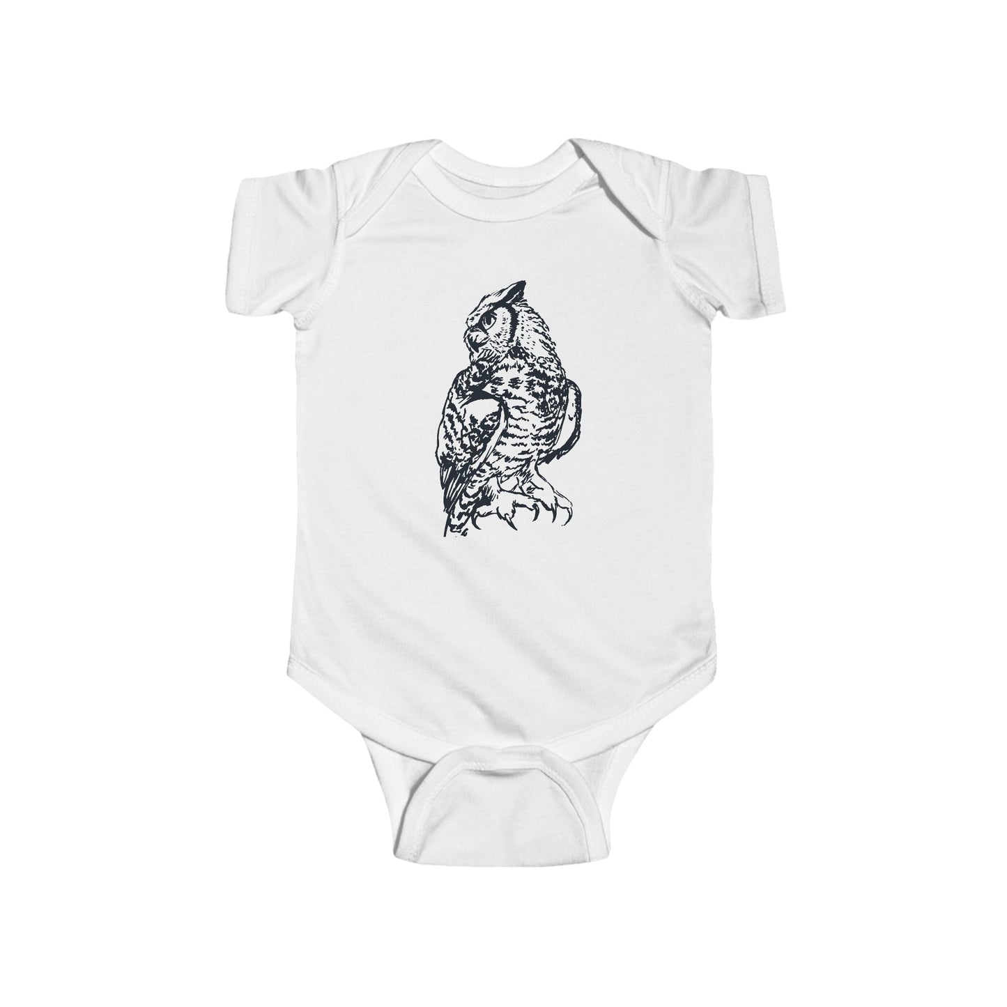 Hand Illustrated Owl Infant Bodysuit | Woodland Baby Onesie Great Horned Owl Design