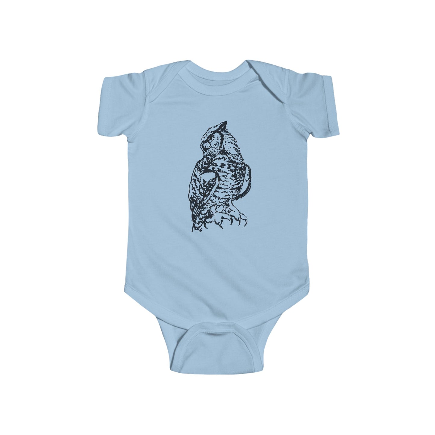 Hand Illustrated Owl Infant Bodysuit | Woodland Baby Onesie Great Horned Owl Design