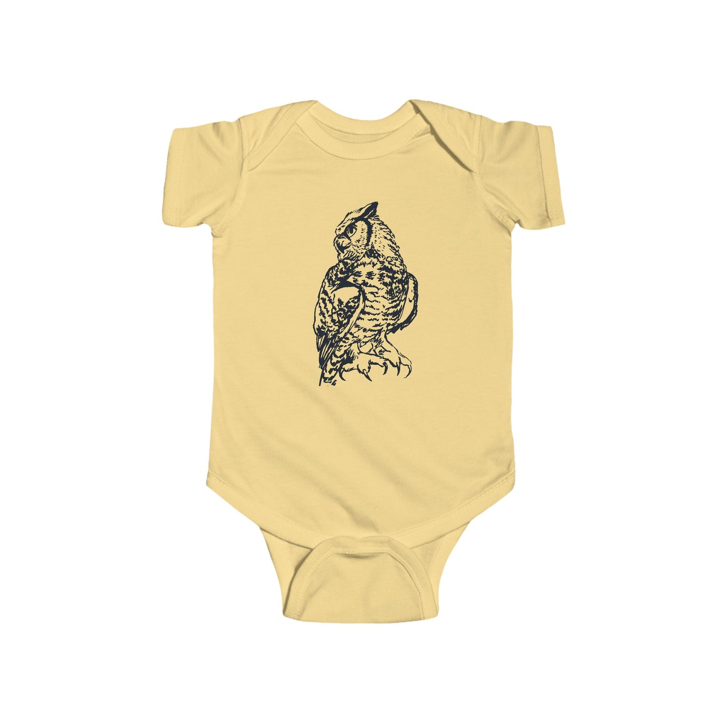 Hand Illustrated Owl Infant Bodysuit | Woodland Baby Onesie Great Horned Owl Design