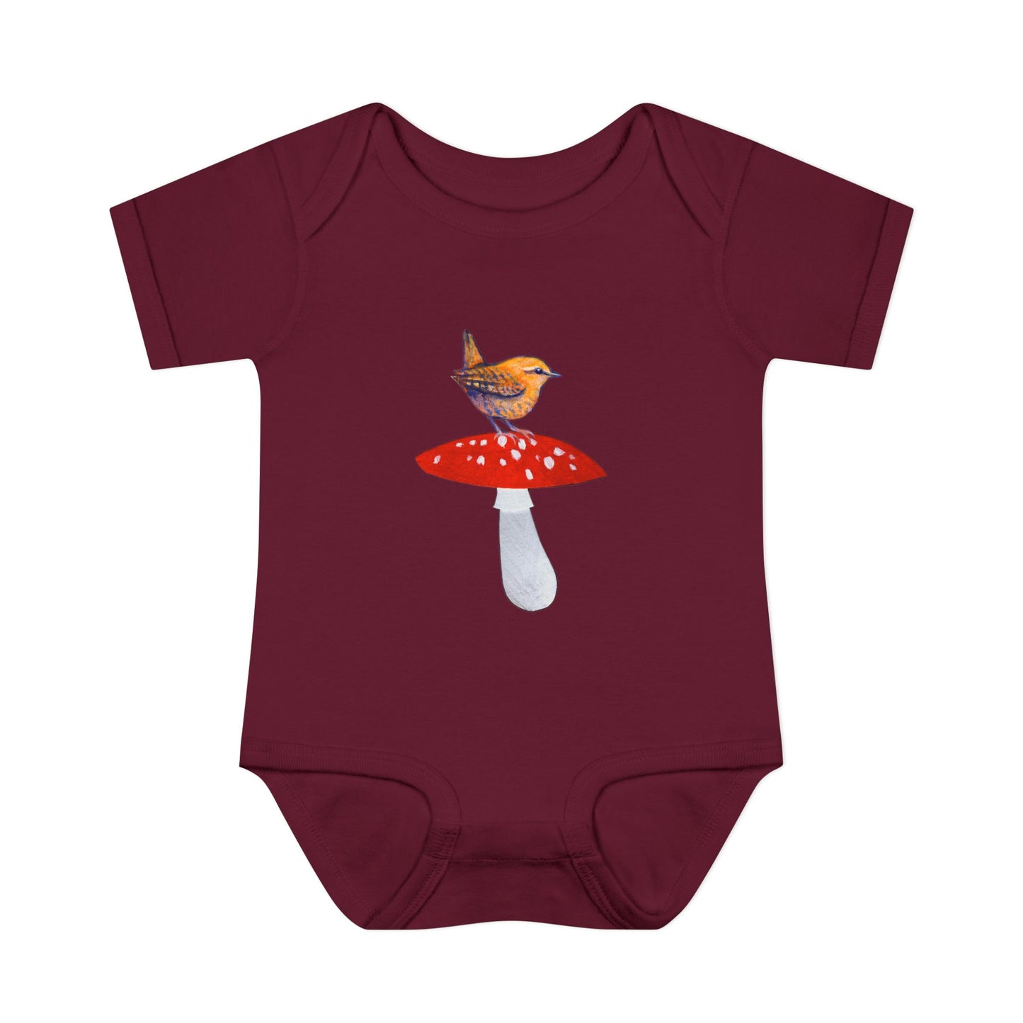 Bird on Red Toadstool Infant Bodysuit | Woodland Mushroom Baby