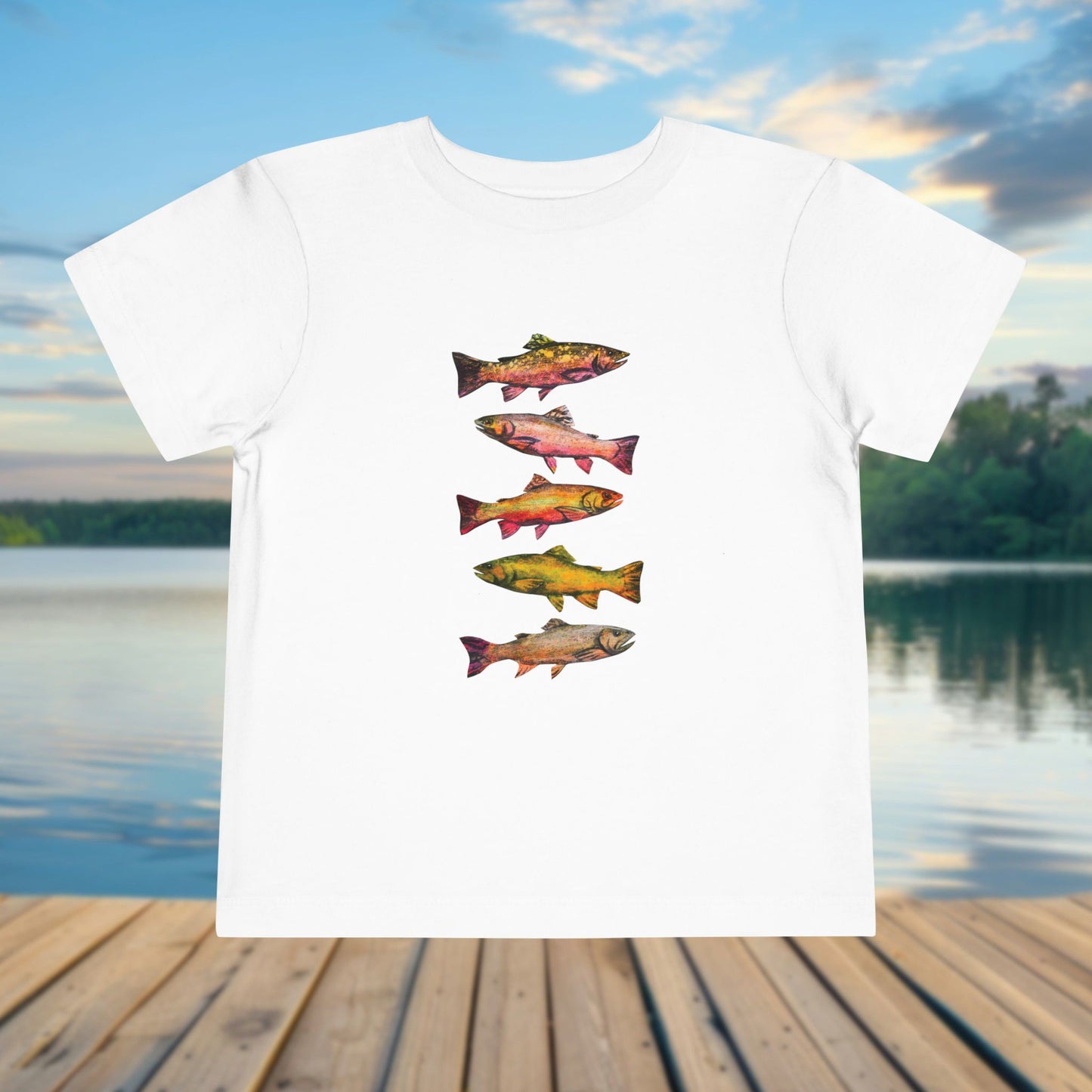Colorful Trout Toddler Short Sleeve Tee | Fishing Theme Cotton Shirt Personalized