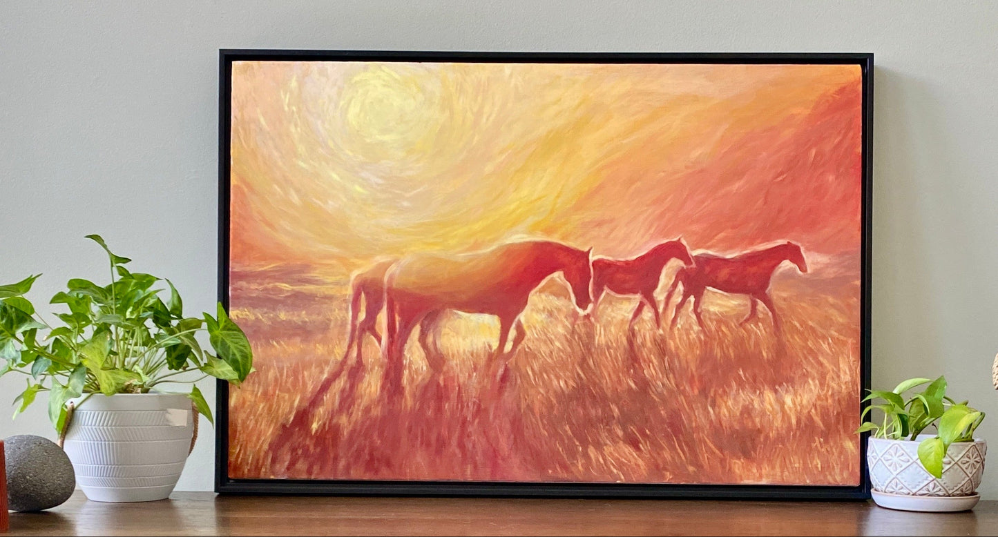 Areon is a mythical horse who could speak. This is a painting of a herd of horses speaking through their body language.