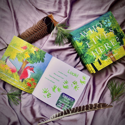 SOFTCOVER: Who Lives Here? In the Northeast Woods, illustrated children's book on animal tracks in New England, Eastern Canada & New York- Signed and Personalized