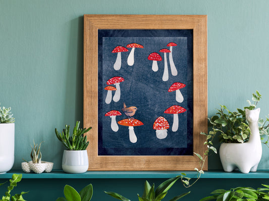 Woodland Nursery Wall Art Set of 3 | Artist Made Wren, Owl Feather, and Mushrooms-- Unframed Giclee Prints  5x7 or 8x10