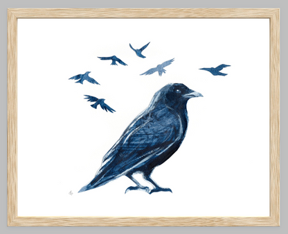 Crow and Family Painting- Museum Quality Giclee Print on Watercolor Paper with Framing and Mat Options - Bard Owl Arts
