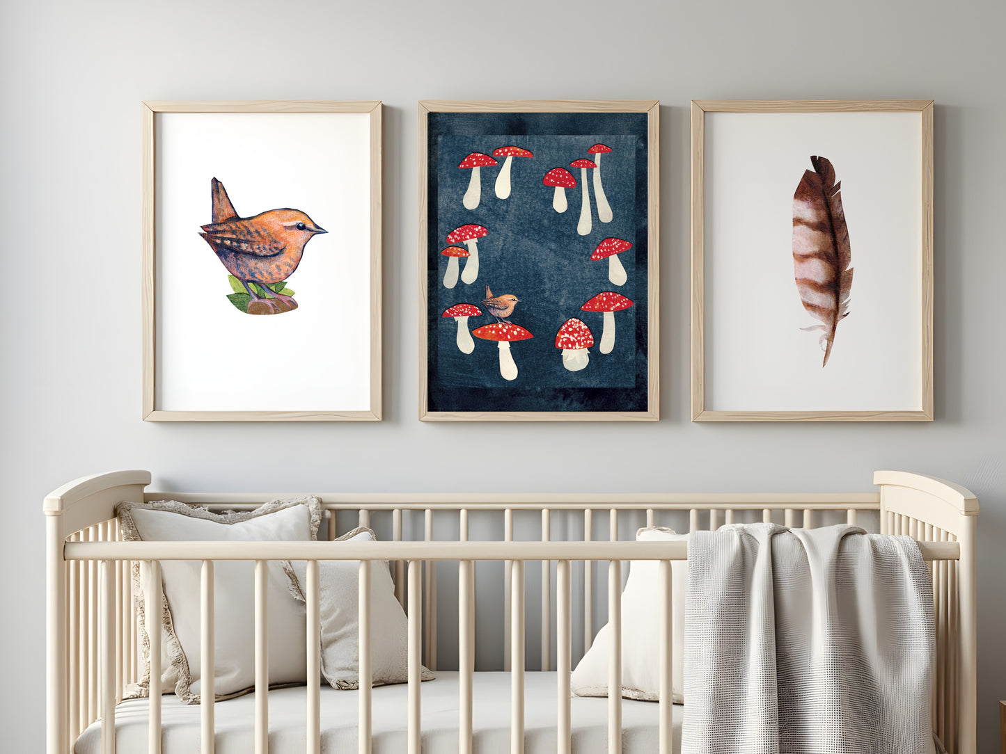 Woodland Nursery Wall Art Set of 3 | Artist Made Wren, Owl Feather, and Mushrooms-- Unframed Giclee Prints  5x7 or 8x10
