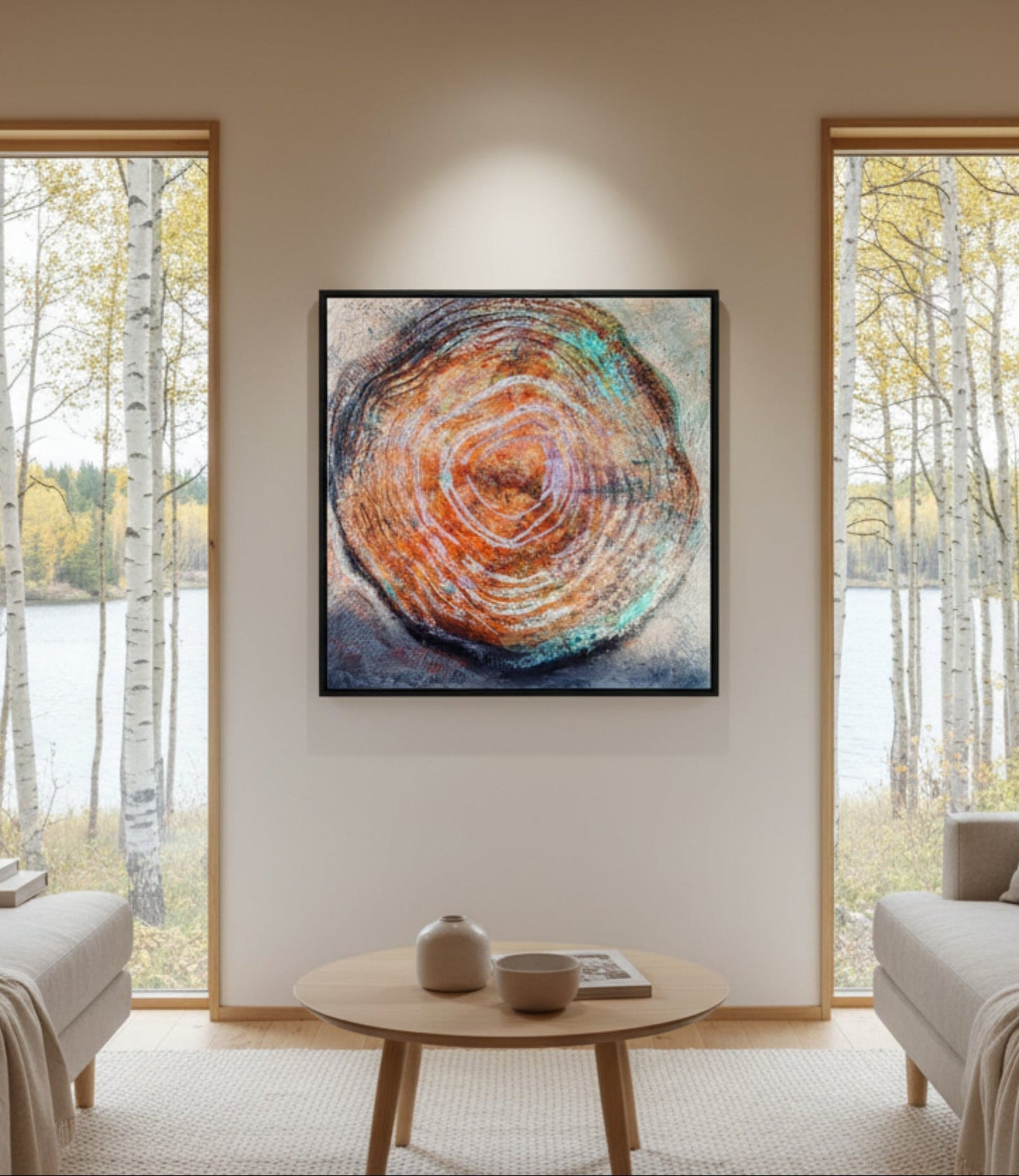 textural abstract painting of tree rings n vibrant earth palette
