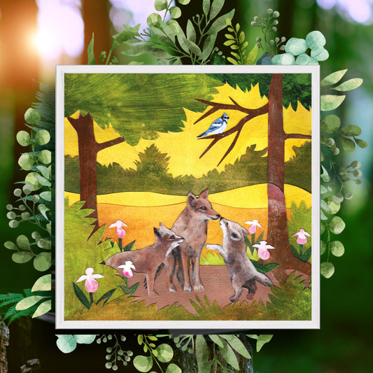 Woodland Coyote Giclee Print: Woodland Nursery Art, Hand Made Design, Oak Frame Option