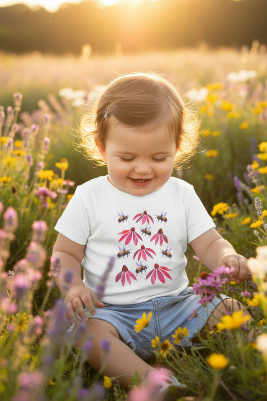 White t-shirt with pink flower and bee design on a blurred natural background