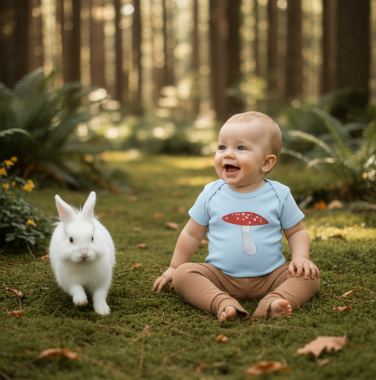 Light blue baby onesie with a red and white mushroom design on a white background