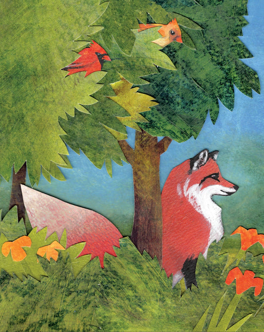 Illustration of a fox in a forest with trees and flowers
