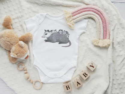 Opossum Mom with Babies Infant Bodysuit | Hand-Illustrated Possum DTG Print