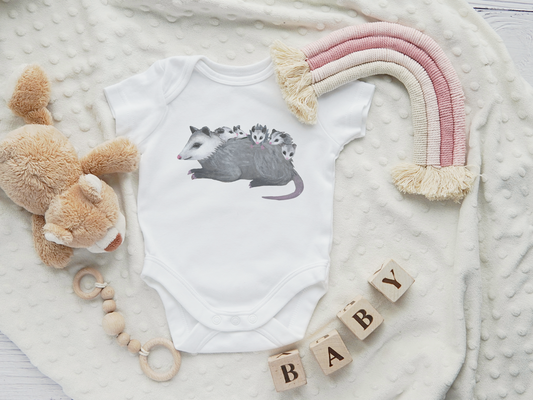 Opossum Mom with Babies Infant Bodysuit | Hand-Illustrated Possum DTG Print