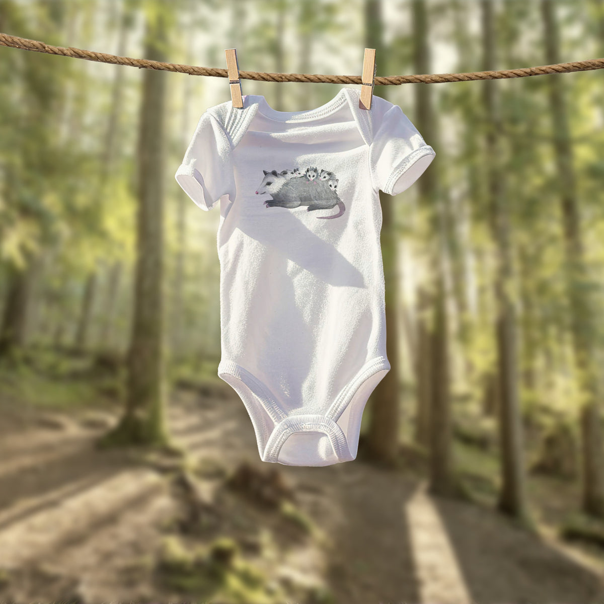 Opossum Mom with Babies Infant Bodysuit | Hand-Illustrated Possum DTG Print