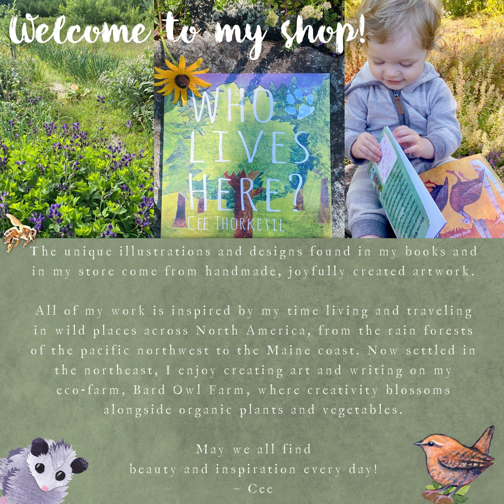 Collage with a book titled 'Who Lives Here?' by Cee Thorpelet, a child reading, and nature-themed illustrations.