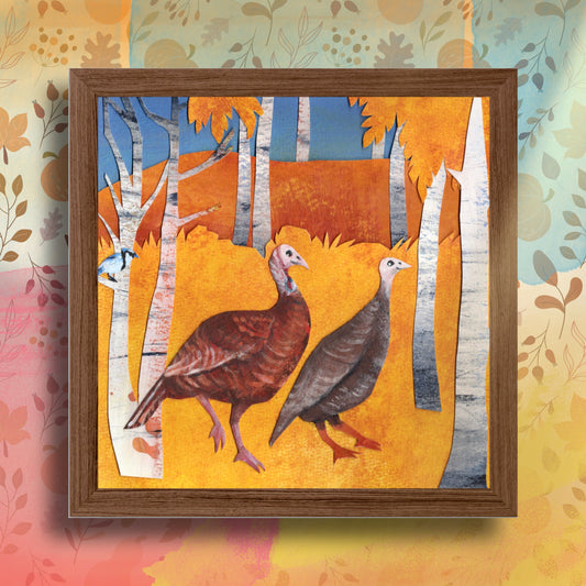 Wild Turkey in Autumn Woodland Grove: giclee print of handmade original: woodland nursery, framing options, made in USA
